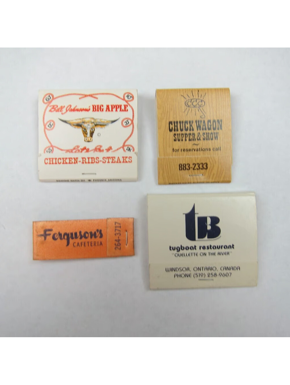 4 Matchbooks Bill Johnsons Big Apple, Chuck Wagon, Fergusons, Arizona Tugboat CA